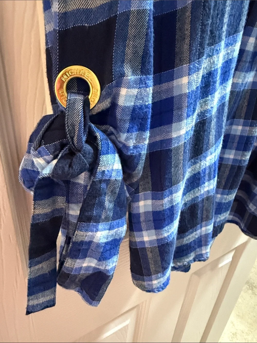 Michael Kors Navy and Light Blue Plaid Flannel 1/4 Zip-Front Shirt